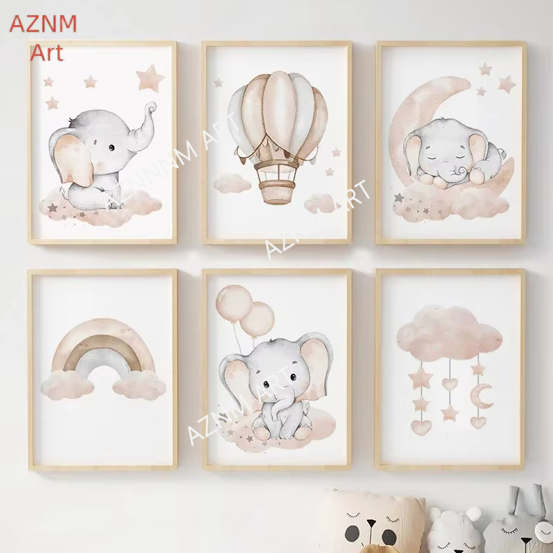 Baby Nursery Ornaments - Elephant Balloon Rainbow Moon Stars Cloud