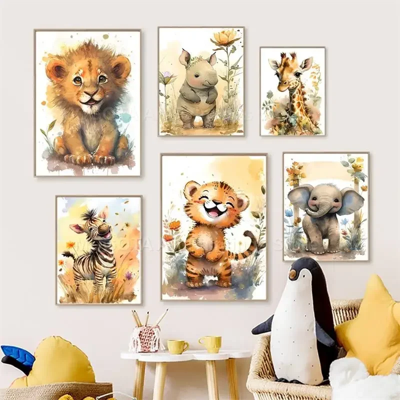 Baby Nursery Design - Watercolor Lion Giraffe Tiger Elephant Zebra