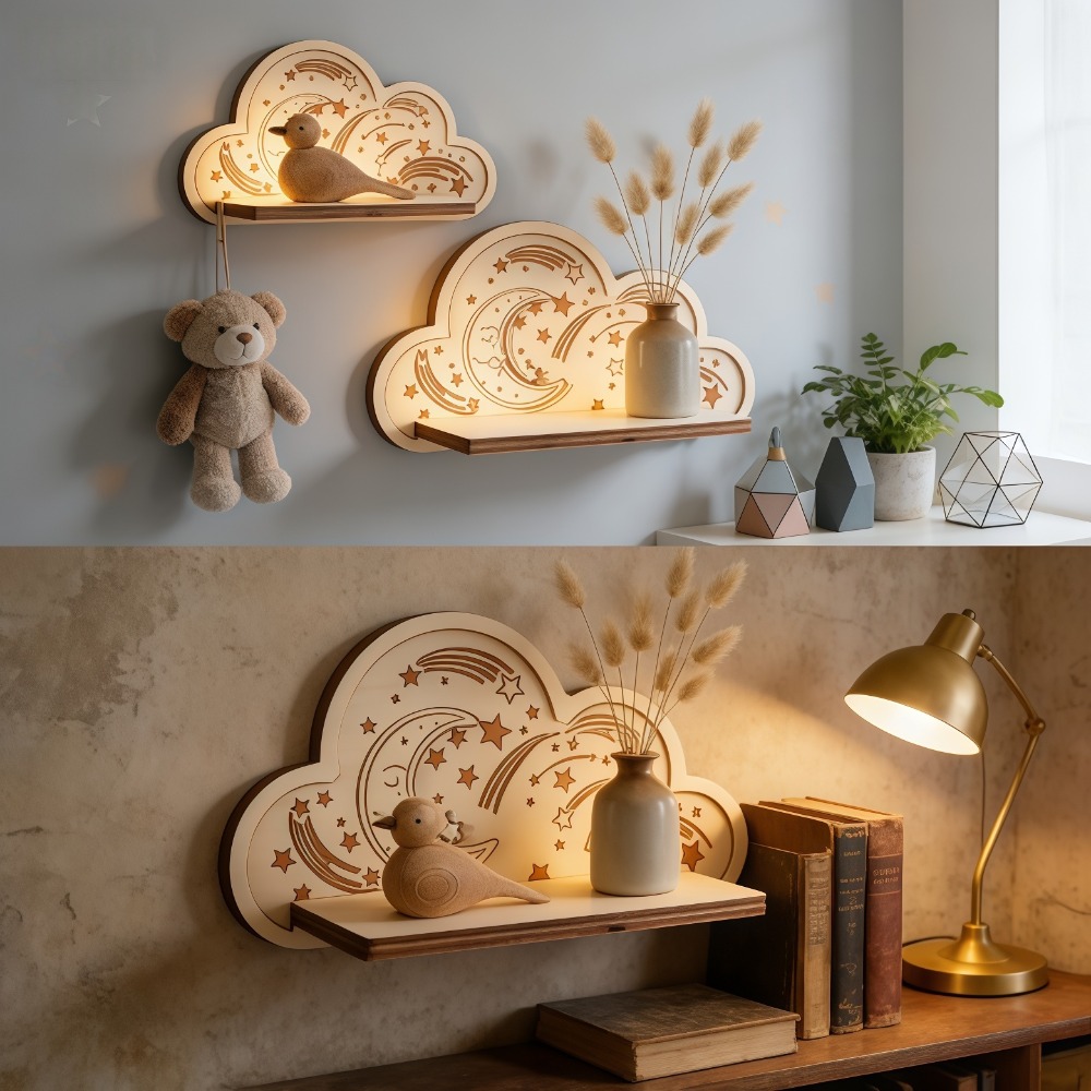 Baby Nursery Floating Shelves - Wooden Cloud Wall Shelf Star Moon