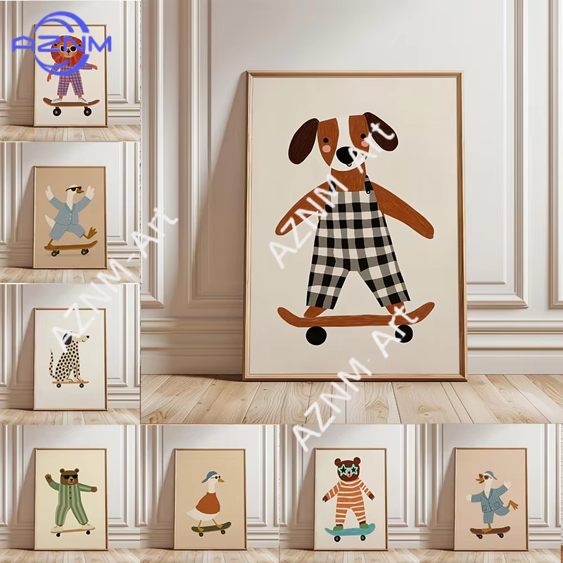 Baby Nursery Ornaments - 1PC Funny Animal Skateboarding Poster Trendy