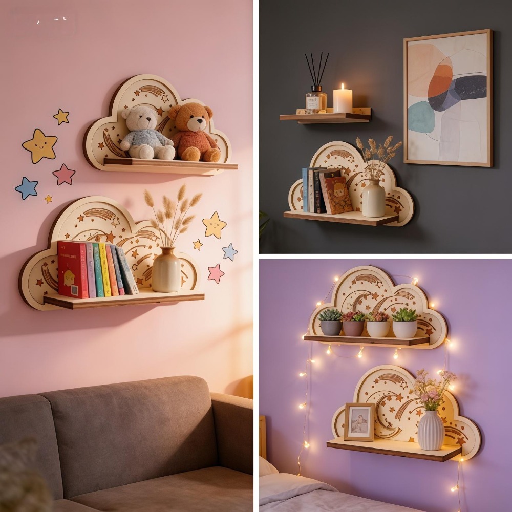 Wooden Cloud Wall Shelf Star M - đánh giá và giá Baby Nursery Floating Shelves